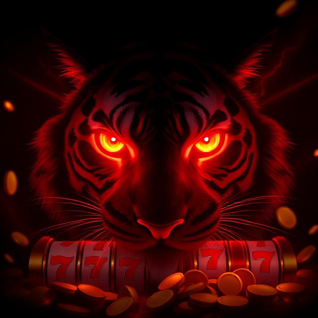 RedTiger Asean online slots key visual with glowing red tiger eyes and golden casino coins