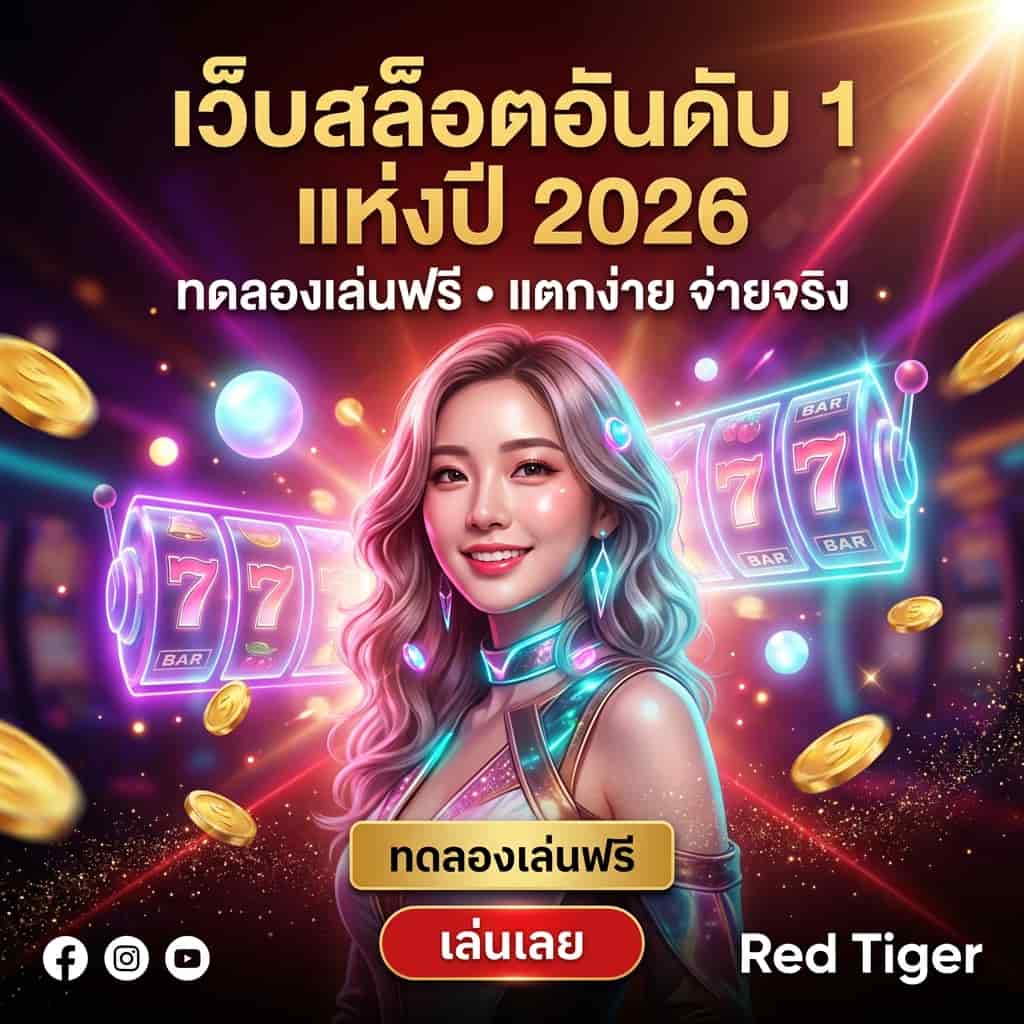 ภาพกราฟิก 1:1 สไตล์ Glamorous Neon-Fantasy แสดงหญิงเอเชียพิธีกรยืนกลางฉากแฟนตาซีนีออน พร้อมรีลสล็อตและเหรียญทองลอยกลางอากาศ หัวข้อภาษาไทย "เว็บสล็อตอันดับ 1 แห่งปี 2026" ข้อความรอง "ทดลองเล่นฟรี • แตกง่าย จ่ายจริง" มีปุ่ม CTA ไทย "ทดลองเล่นฟรี" และโลโก้ Red Tiger เหมาะสำหรับโฆษณาเว็บสล็อต ทดลองเล่นฟรี สล็อตแตกง่าย จ่ายจริง คอนเทนต์โปรโมทคาสิโนออนไลน์ปี 2026