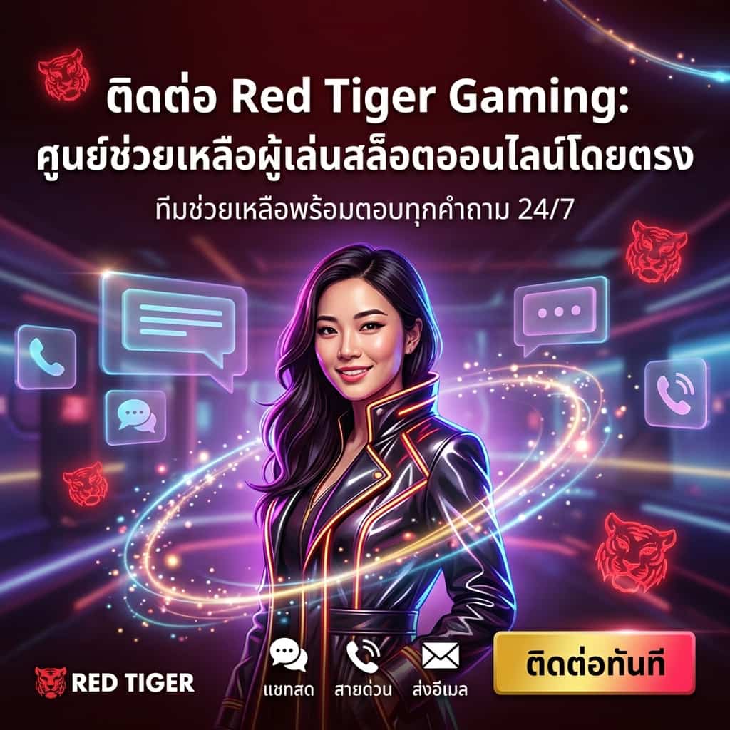 สาวเอเชียเป็นพรีเซนเตอร์ในฉากแฟนตาซีเนออน โทนสีแดง-ม่วง-ทอง เสริมสัญลักษณ์เสือแดง หัวข้อภาษาไทยเด่นว่า "ติดต่อ Red Tiger Gaming: ศูนย์ช่วยเหลือผู้เล่นสล็อตออนไลน์โดยตรง" พร้อมปุ่ม CTA ไทยว่า "ติดต่อทันที" เหมาะสำหรับโพสต์ช่วยเหลือและโฆษณาบริการลูกค้า 24/7