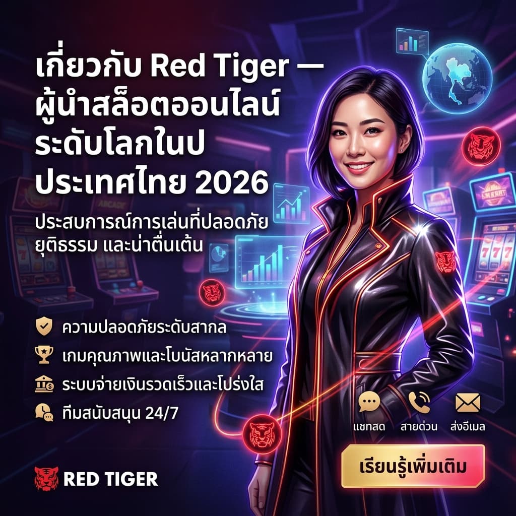 ผู้หญิงเอเชียเป็นพรีเซนเตอร์ในฉากแฟนตาซีนีออน โทนสีแดง‑ม่วง‑ทอง แสดงหัวข้อใหญ่ว่า 'เกี่ยวกับ Red Tiger — ผู้นำสล็อตออนไลน์ระดับโลกในประเทศไทย 2026' พร้อมข้อความสั้น ๆ เกี่ยวกับความปลอดภัย โบนัส ระบบจ่ายเงิน และทีมสนับสนุน 24/7 มีปุ่ม CTA ไทยว่า 'เรียนรู้เพิ่มเติม' เหมาะสำหรับโพสต์แนะนำแบรนด์และหน้าเกี่ยวกับเรา