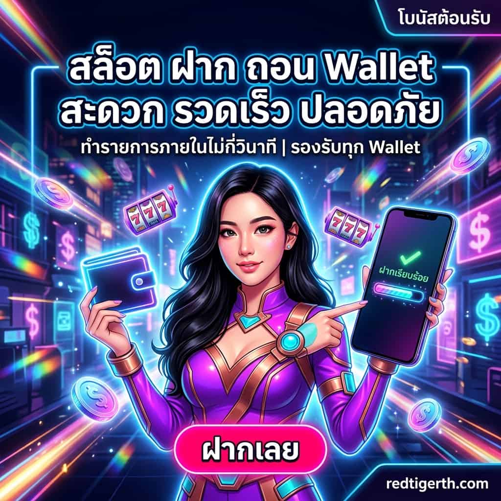 ภาพพรีเซนเตอร์หญิงเอเชียในฉากไซเบอร์แฟนตาซี ถือ Wallet เรืองแสงและสมาร์ทโฟนหน้าจอแสดง “ฝากเรียบร้อย” พร้อมหัวข้อไทย “สล็อต ฝาก ถอน Wallet — สะดวก รวดเร็ว ปลอดภัย” และปุ่ม CTA “ฝากเลย” โลโก้ redtigerth.com มุมล่างขวา