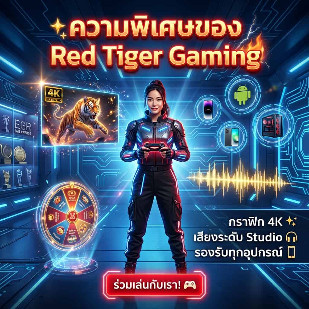 "Red Tiger Gaming promotional concept featuring an Asian woman in a futuristic digital arena. Highlights include 4K Ultra HD graphics, studio-quality sound effects, multi-platform compatibility, and unique gaming features. Recognized by EGR Awards, this vibrant image appeals to gamers with its neon-lit, high-tech design and engaging Thai text."