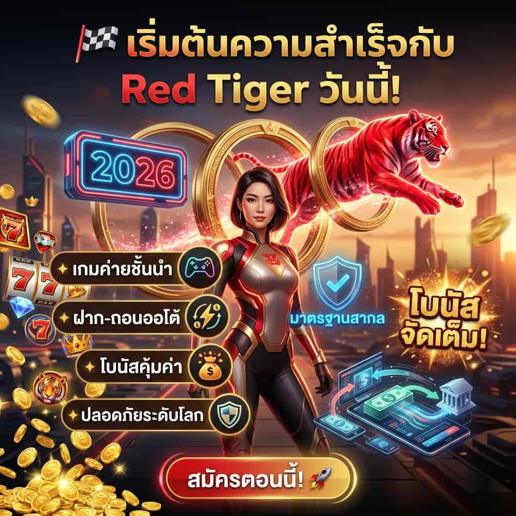 "Red Tiger Gaming 2026 success campaign featuring confident Asian presenter in futuristic cityscape. Showcasing #1 slot website features: premium games, auto transactions, generous bonuses, and global security standards. Vibrant Thai-language promotional image with red tiger motif and golden success elements for online casino marketing."