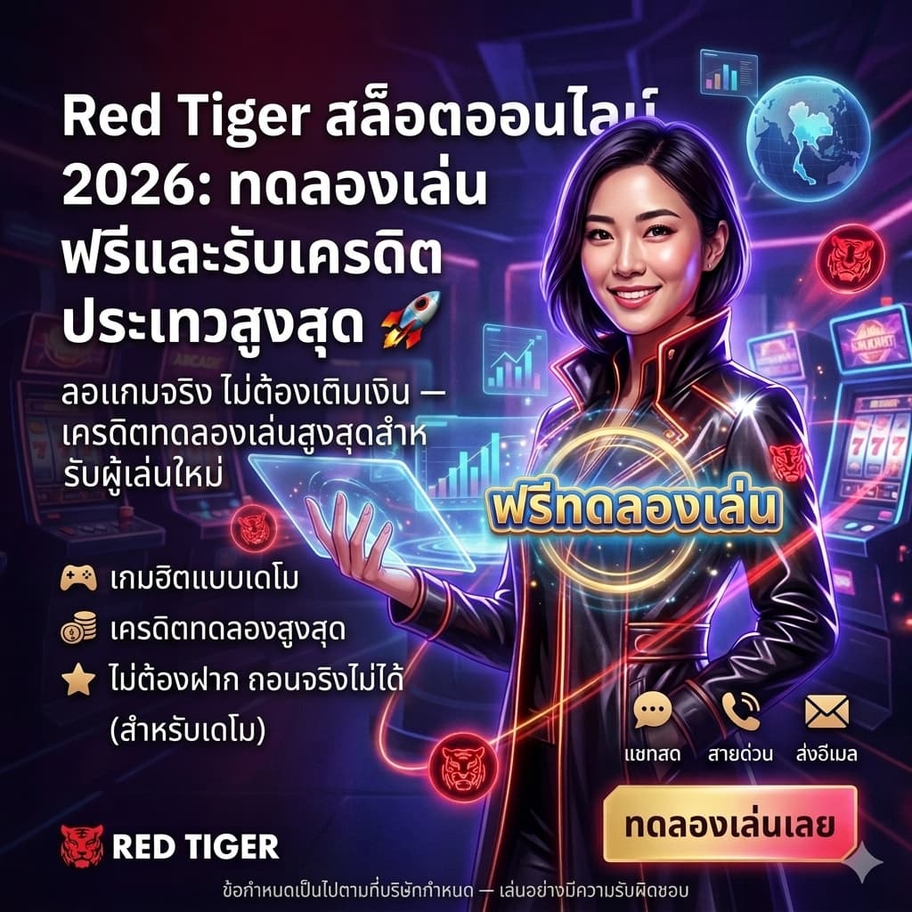 "ผู้หญิงเอเชียเป็นพรีเซนเตอร์ในฉากแฟนตาซีเนออนถือโฮโลกราฟิกคำว่า 'ฟรีทดลองเล่น' หัวข้อไทยเด่นว่า 'Red Tiger สล็อตออนไลน์ 2026: ทดลองเล่นฟรีและรับเครดิตสูงสุด 🚀' มีบูลเล็ตสั้น ๆ เกี่ยวกับเกมเดโม เครดิตทดลอง และช่องทางช่วยเหลือ พร้อมปุ่ม CTA ไทยว่า 'ทดลองเล่นเลย' เหมาะสำหรับโพสต์โปรโมชันเดโมสล็อตและแคมเปญการได้มาซึ่งผู้ใช้"